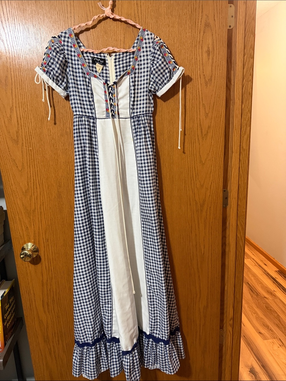 Gunne Sax Navy Blue and White Gingham Maxi Dress with Embroidered Yoke